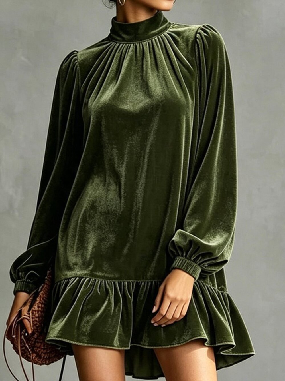 Green Elegant Women's Loose Low Waist Stand Collar Raglan Smock Dress - Picture 3 of 6
